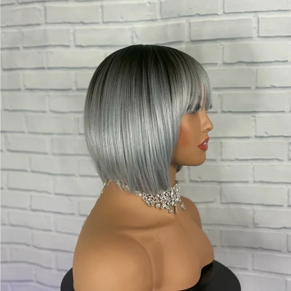 Ombré silver bob wig with bangs premium quality synthetic hair - Picture 2 of 10